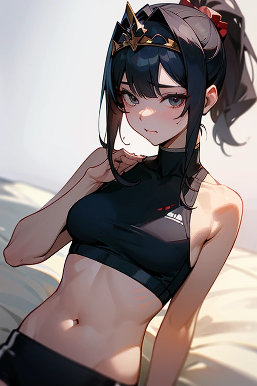 Matoi Ryuuko (Kill la kill), Fleshy thighs, Instagram pose,Dynamic angle, Show armpits, ((Sports bra)), Nipples, C cup, Happy expression, (Entire body image:1.5), (8K, Best quality, A high resolution:1.35), (RAW photo:1.2), (Photorealistic:1.37), (Masterpiece: 1.25), Dramatic lighting, Photon maping, Symmetry, Complexity, Elegance, (1 girl), Large of breast, Long eyelashes, Detailed eyelashes, Eye shadows, Glowing eyes, ((Natural makeup, Clear facial features)), ((Curvy build, Showing stomach)), ((Fine detailed beautiful eyes: 1.2)), Bad girl, Erotic, ((Bed background, Night))