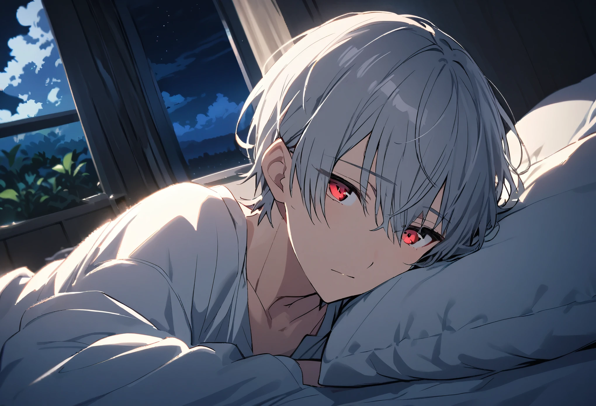 good looking, Alone, 1 male, Gray Hair, Red eyes, , night, White Light,cute目,Short hairstyle,cute,Falling from the sky,Beautiful summer sky,Lots of white clouds,nightの部屋,A sparkling view,bright,Inside the room,Looking at the camera,Bed scene,Lying in bed,Place to sleep,