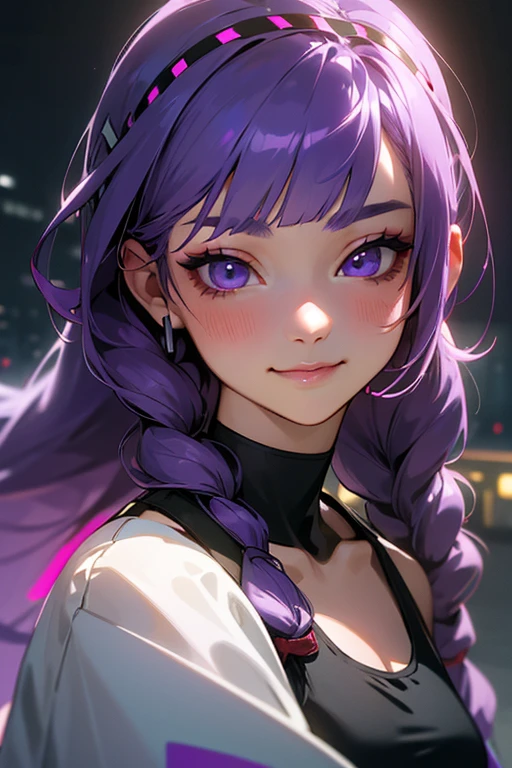 1 girl, Blunt bangs, Braiding, Wide sleeves, hair ornaments,Obi says, (Purple Hair:1.2), Very long hair, Straight hair, Looking at the audience, Highly detailed background, (Realistic:1.2), Beautiful Eyes, Red eyeshadow, thigh, (Urzan-6500:0.7), Upper Body, (alone:1.2), (Cyberpunk City:1.1), Cleavage,,Glowing Skin、(Navel exposed).((Face close-up))、((smile))、(Lace clothes).((Kiss with your eyes closed)).
