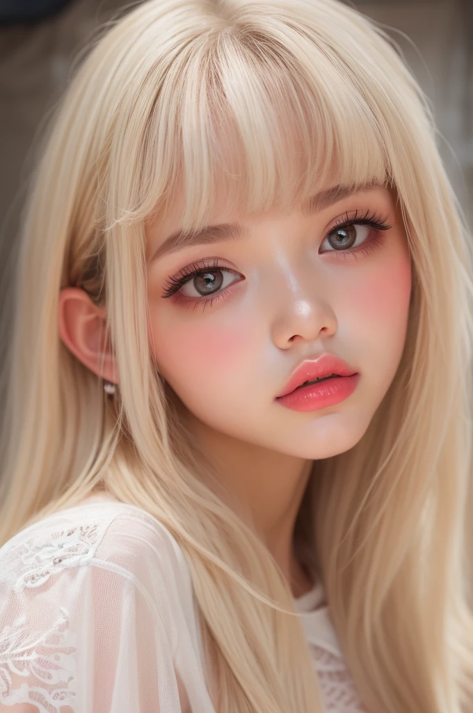 (detailed), studio lighting, hyper detailed, realistic portrait, Perfect Face.1 teenage girl, 、Brown eyes with well-defined double eyelids and long eyelashes, white girly dressroom backdrop, realistic face, detailed skin, Pink tips black long bob hair 、bangs covering forehead, extremely detailed lips, large mouth, full, plump, glossy light pink lips, natural-looking makeup, transparent lip gloss, with girly style tops, photorealistic, ((Best Quality)), ((masterpiece)), high quality, 8k, masterpiece