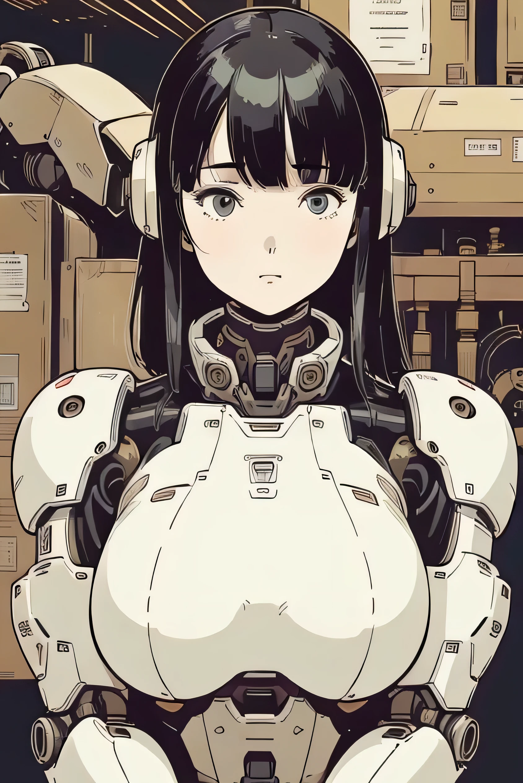 masterpiece, best quality, extremely detailed, Japaese android girl,portrait,Plump,a bit chubby,control panels,android,Droid,Mechanical Hand, Robot arms and legs, Black hair,Blunt bangs,perfect robot girl,long tube,thick cable connected her neck,android,robot,humanoid,cyborg,japanese cyborg girl ,robot-assembly plant,She is assembling now,assembly scene,chest monitor,office-lady