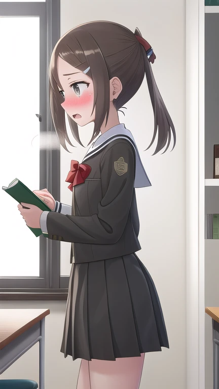 1girl, solo,brown hair, hair ornament,twintails,grey eyes,school uniform, hair ribbon, hairclip, bowtie,hair red bow,sailor dress, pleated dress,
BREAK (embarrassed, blush:1.3), (orgasm), (clenching jaw:1.2), steam,
BREAK standing, holding book, 
BREAK  classroom, (desk, chair),
BREAK from side,
BREAK looking away,
BREAK (illustration:1.2),
BREAK (masterpiece, best quality, ultra detailed, professional quality), HD, rich contrast