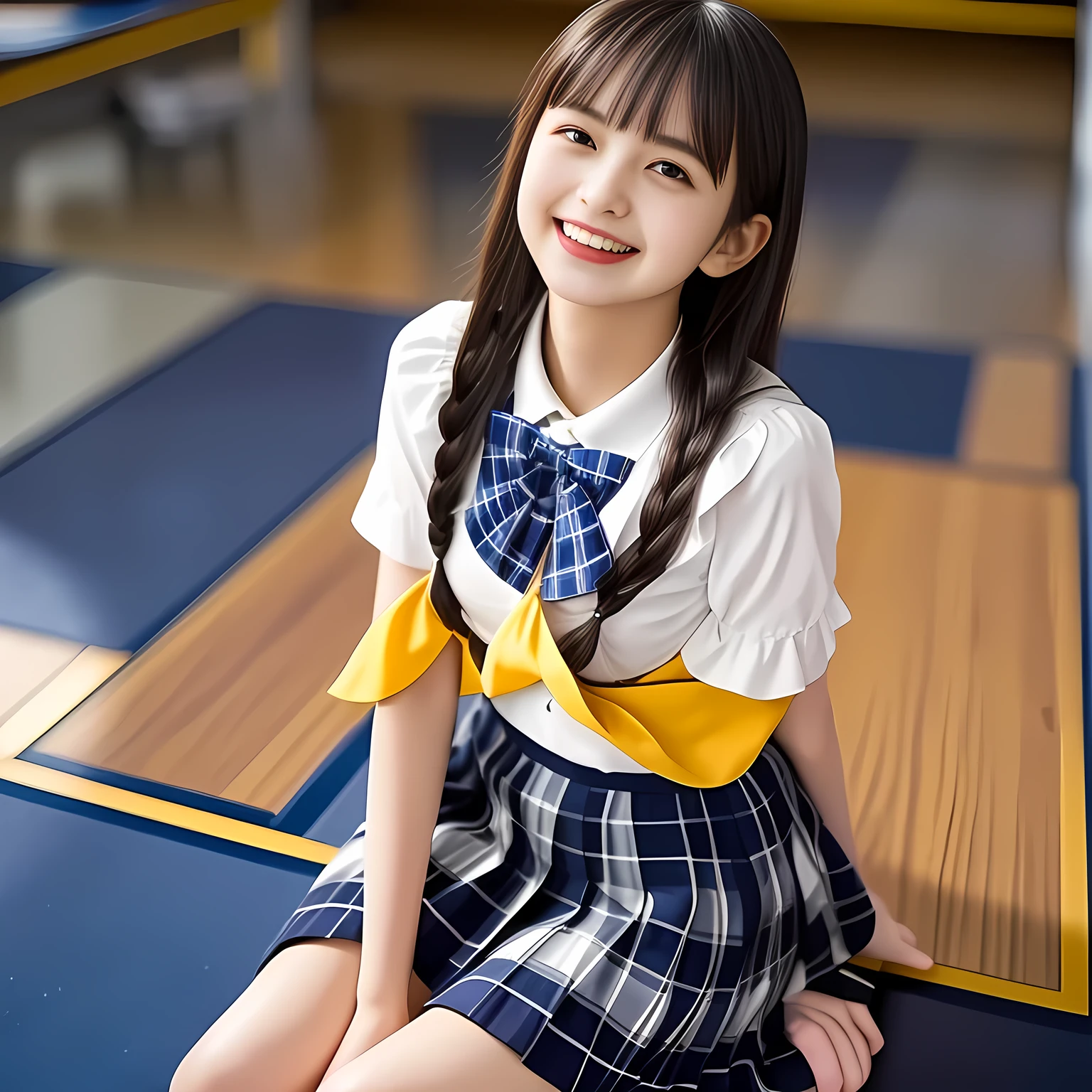 (Highest quality, masterpiece:1.2), Highest quality, High resolution, 1080P, 8k, height: 158cm, Multiple cute girls, (Noble, Japanese **** truly-girly-girl is seated on a blue flat floor and smiling directly at me in school uniform, Looking up at me deeply, Hypnotizing me with her cuteness: 1.8), looking at the viewer, well-grown breast and nice style, (well arranged, balanced, neat glossy straight very long hair), (Half-closed, Looking up to me, Very sleepy, Double-deep-eyelids, completely balanced, brown large large dreaming Japanese **** eyes with detailed beautifully: 1.6), (Glossy lips: 1.8), (high nose: 1.2), (Rich and long bottom-eye-slashes), (Drives me crazy for her navy-colored neat tartan plaid blue skirts and make me fall into her navy-colored plaid-print pleats skirt: 1.4), (Fine white-face that looks like she has never been out of home: 1.6), (Noble feminine frilled frilled clean frilled white girly blouse: 1.6), (Navy pleated plaid skirt: 1.5), (Plain-white big ribbon on the breast), (Hypnotizing shadow of blue evil-succubus background: 1.8), (Girl whom everyone loves because of her beauty and neat school fashion and noble manner and magic-charm of succubus: 1.7), full body shot, (jolly face expression), (evenly cut curled glossy rich beautiful bangs: 1.6), (bright light hitting her white-face and skirt clearly beautifully), (Very very large, dreamy, Adorable eyes, Looking deeply at me: 1.5), white-shining skin, She is straightening her long hair with her both hands