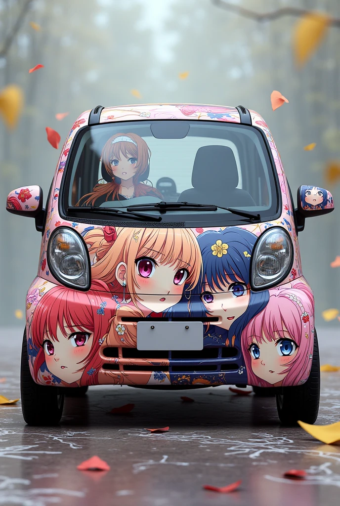 A naughty Japanese Nissan minicar, Cars painted with the theme of beautiful anime girls，Accurate and detailed minicar，