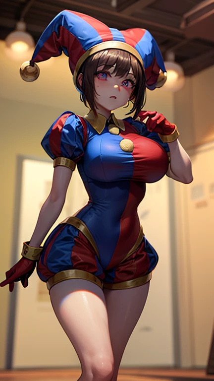 High quality masterpiece, (Unreal Engine), reality:1.8, Ultra-high resolution, Rich contrast, super high quality, 8k, High definition texture, Incredible absolute resolution, Advanced Settings, colorful, Clear images, Sharp focus, Digital Blending, (Hasselblad Photos, Dynamic Angle),

1 girl, pomni, The Amazing Digital Circus, Big Breasts, Jester Cap, gloves, Puff short sleeves, Red eyes and blue eyes, Striped, My clothes are sticky with sweat, Dynamic pose, 

indoor, in The Amazing Digital Circus, 