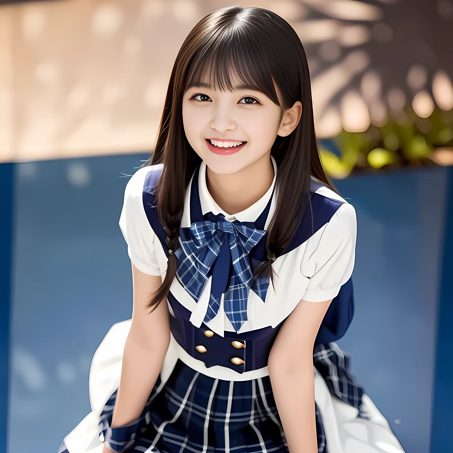 (Highest quality, masterpiece:1.2), Highest quality, High resolution, 1080P, 8k, height: 158cm, Multiple cute girls, (Noble, Japanese yo truly-girly-girl is seated on a blue flat floor and smiling directly at me in school uniform, Looking up at me deeply, Hypnotizing me with her cuteness: 1.8), looking at the viewer, well-grown breast and nice style, (well arranged, balanced, neat glossy straight very long hair), (Half-closed, Looking up to me, Very sleepy, Double-deep-eyelids, completely balanced, brown large large dreaming Japanese 12 eyes with detailed beautifully: 1.6), (Glossy lips: 1.8), (high nose: 1.2), (Rich and long bottom-eye-slashes), (Drives me crazy for her navy-colored neat tartan plaid blue skirts and make me fall into her navy-colored plaid-print pleats skirt: 1.4), (Fine white-face that looks like she has never been out of home: 1.6), (Noble feminine frilled frilled clean frilled white girly blouse: 1.6), (Navy pleated plaid skirt: 1.5), (Plain-white big ribbon on the breast), (Hypnotizing shadow of blue evil-succubus background: 1.8), (Girl whom everyone loves because of her beauty and neat school fashion and noble manner and magic-charm of succubus: 1.7), full body shot, (jolly face expression), (evenly cut curled glossy rich beautiful bangs: 1.6), (bright light hitting her white-face and skirt clearly beautifully), (Very very large, dreamy, Adorable eyes, Looking deeply at me: 1.5), white-shining skin, (She is straightening her long hair with her both hands: 1.0)