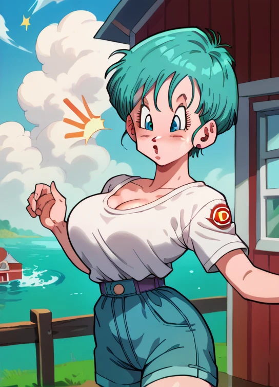 1 woman, Bulma Letter, Dragon Ball Super, alone, sea water hair, short hair, big breasts,high resolution, Masterpiece, High details, Blue eyes, surprised, detailed eyes, on a farm, white top