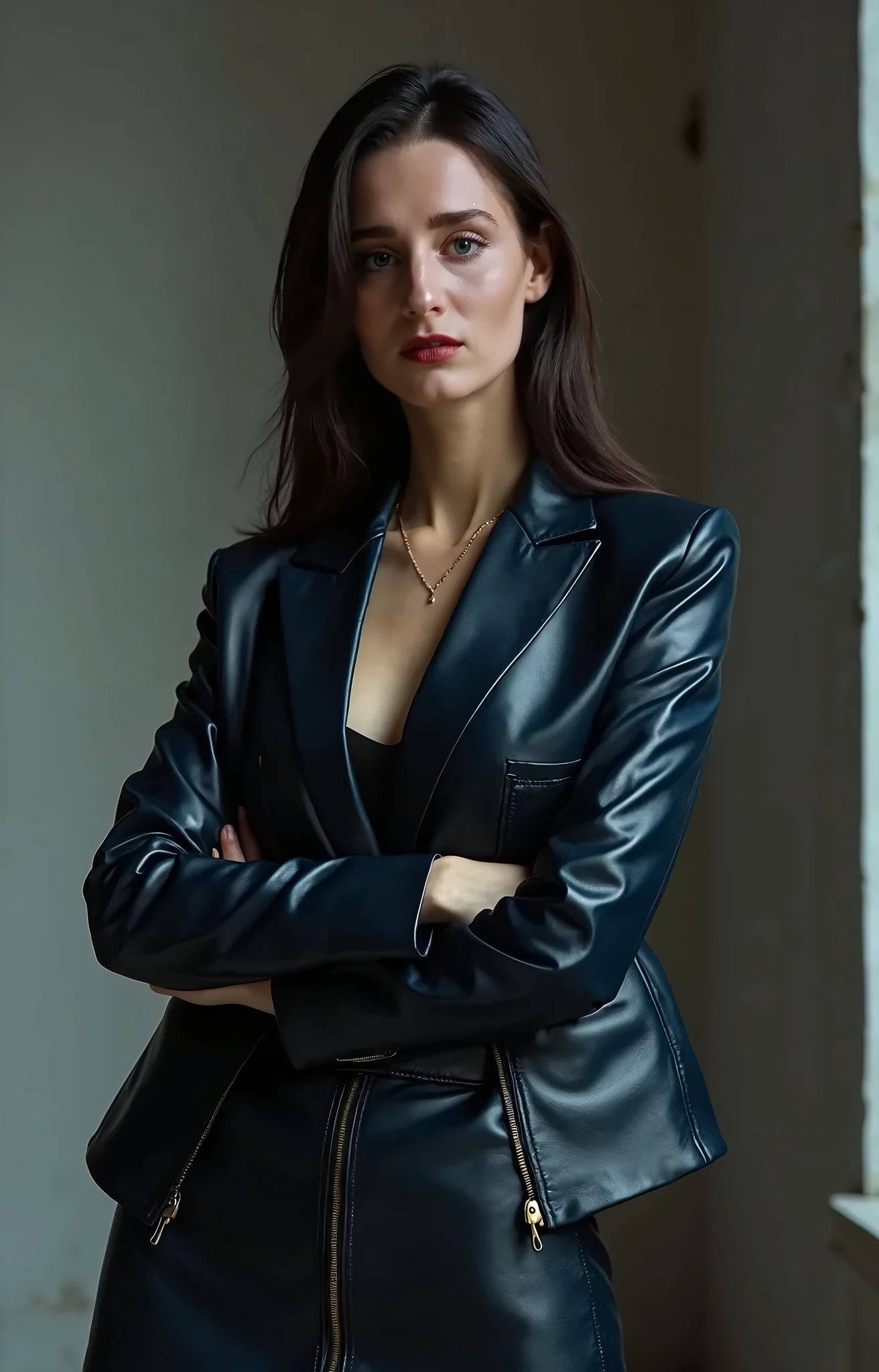 Blond dark brown hair, photo realistic, (RAW photo), (realism: 1.8), (gloss red lipstick, many eyelashes, dark black eye shadow, very confident, anchor of show, high quality, high resolution, chromatic aberration, caustic, wide light, realistic dark fair glossy skin, deep skin texture, skin detailing, (21 year old woman), stylish girl, big chest, professional suit, lots of exposure, nice pose, visible 8k resolutions,