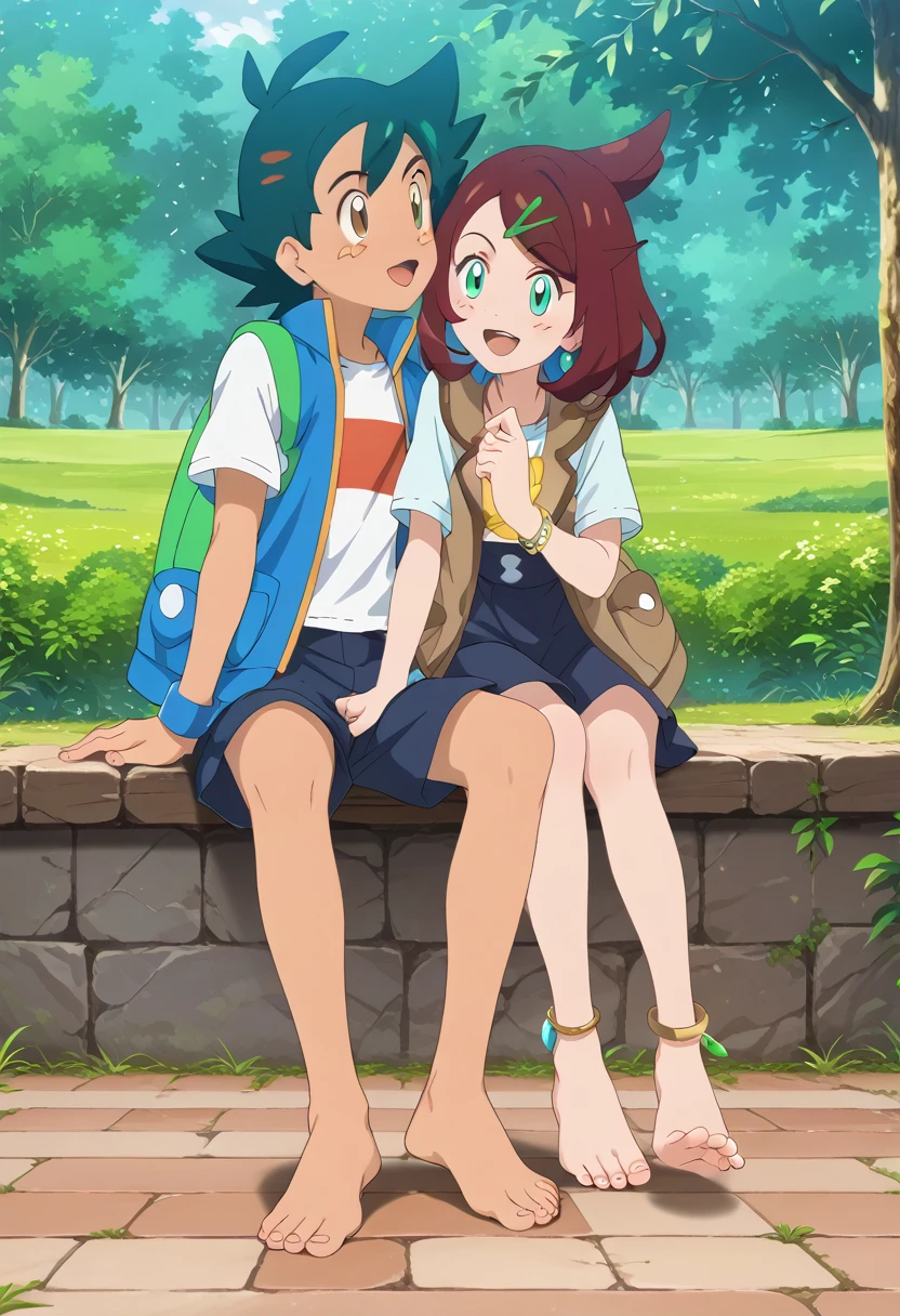 1 boy ash ketchum - pokemon x and y kiss 1 girl foot focus barefoot toes sole ankle bangle toes rings chloe cerise (pokemon) barefoot toes sole ankle bangle toes rings slime happy.colour