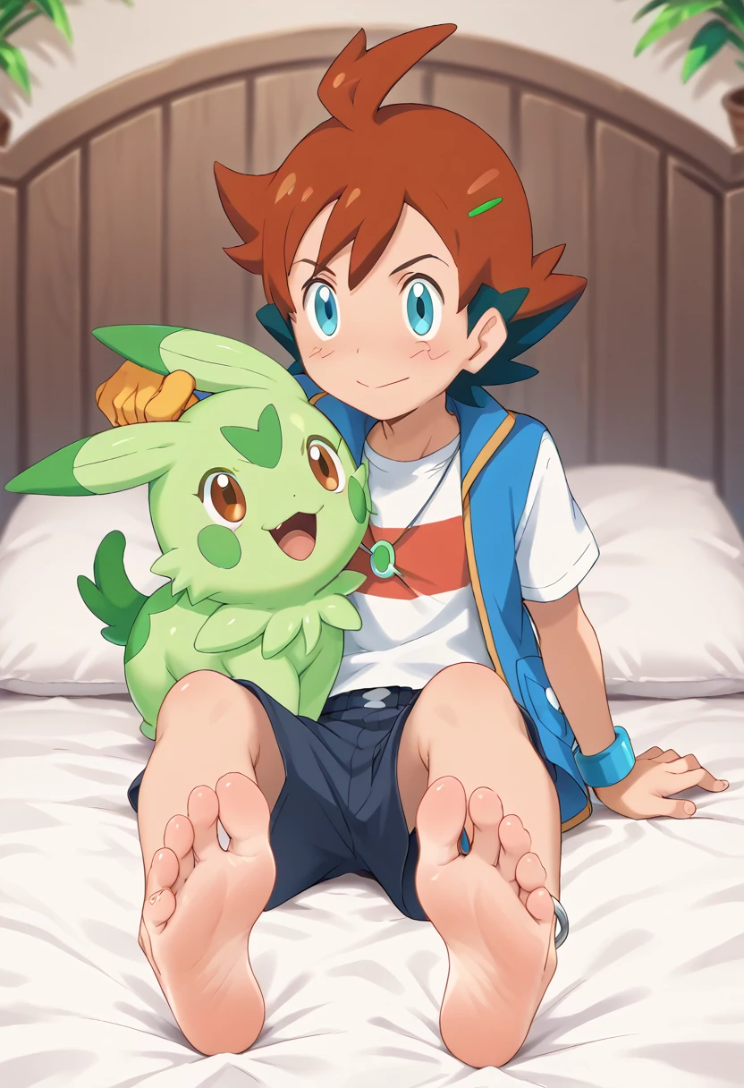 1 boy ash ketchum - pokemon x and y kiss 1 girl foot focus barefoot toes sole ankle bangle toes rings chloe cerise (pokemon) barefoot toes sole ankle bangle toes rings slime happy.colour