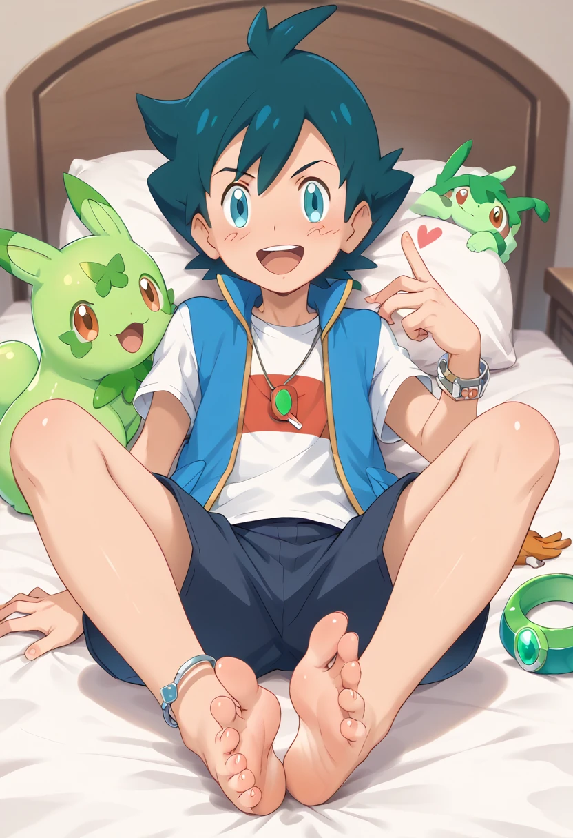 1 boy ash ketchum - pokemon x and y kiss 1 girl foot focus barefoot toes sole ankle bangle toes rings chloe cerise (pokemon) barefoot toes sole ankle bangle toes rings slime happy.colour