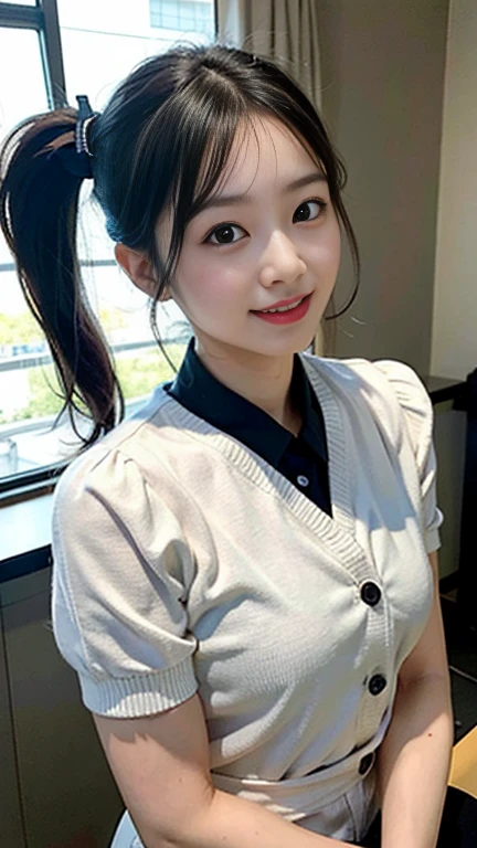 8K、Masterpiece、Highest quality、highest quality、High resolution、Very detailed、Very delicate、Very vivid、Whitening、Idol face、Japanese Beautiful Girl、Model Body Type、smile、(((school uniform:1.5)))、classroom、tall、(Huge breasts:1.5)、(Huge Ass)、Slim waist