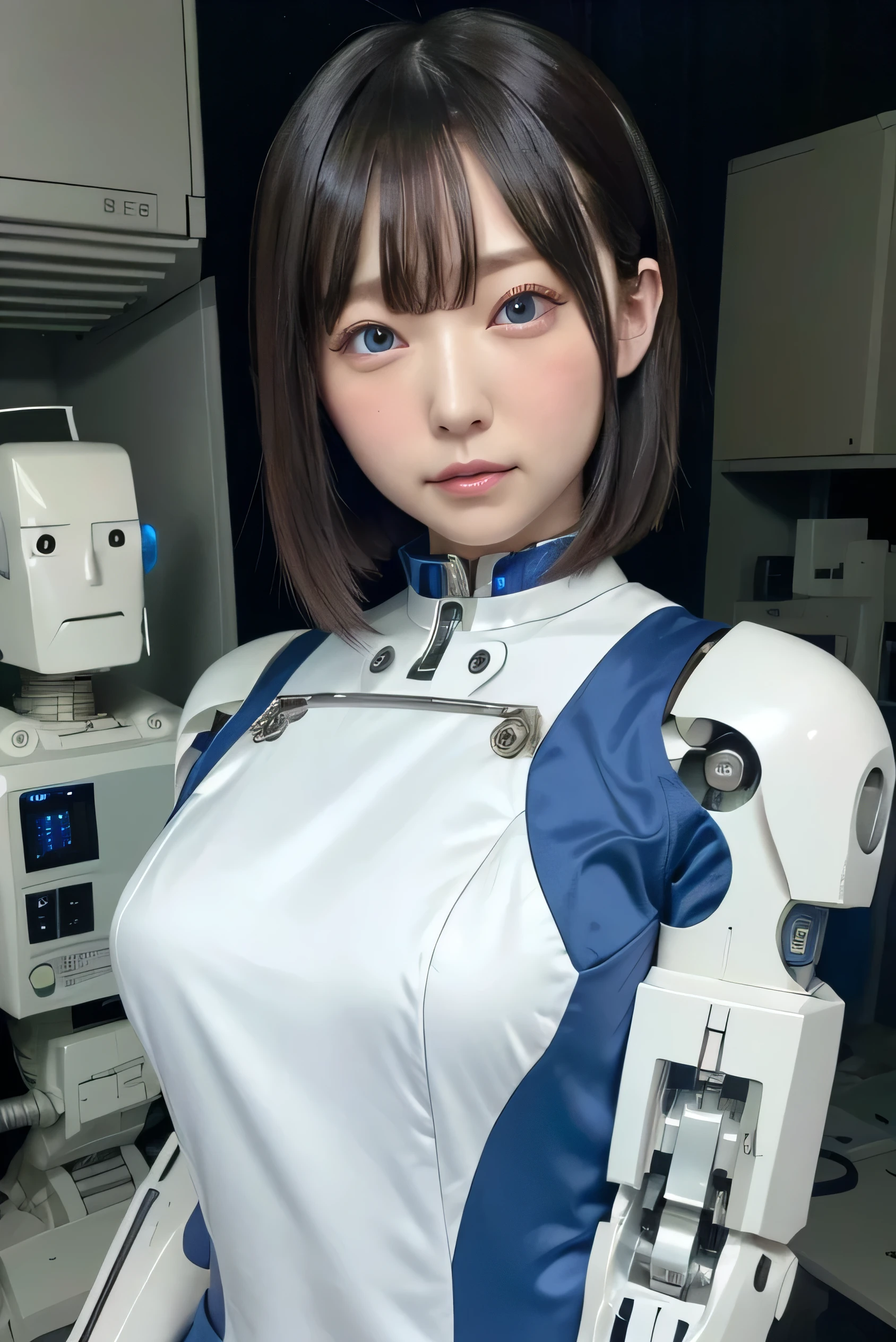 masterpiece, best quality, extremely detailed, Japanese android girl,Plump ,control panels,robot arms,robot,android,cyborg,white robot body,ceramic body,perfect robotgirl,blunt bangs,blue dress,blue eyes