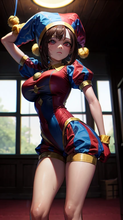 High quality masterpiece, (Unreal Engine), reality:1.8, Ultra-high resolution, Rich contrast, super high quality, 8k, High definition texture, Incredible absolute resolution, Advanced Settings, colorful, Clear images, Sharp focus, Digital Blending, (Hasselblad Photos, Dynamic Angle),

1 girl, pomni, The Amazing Digital Circus, Big Breasts, Jester Cap, gloves, Puff short sleeves, Red eyes and blue eyes, Striped, My clothes are sticky with sweat, Dynamic pose, 

indoor, in The Amazing Digital Circus, 