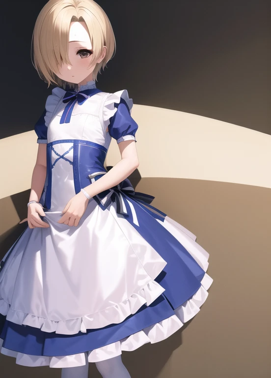 masterpiece, Best Quality, Super detailed, Illustration, One girl, Alone, Staring at the viewer, Shirasaka Koume, Blonde, hair over one eye, short hair, Brown eyes, Flat Chest,Hiding one eye,Hidden right eye, She wore a maid outfit and white tights.、Cute Anime Girl,Long skirt,Apron dress
