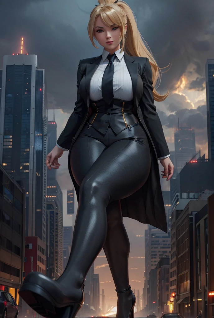 Giantess art, giga giantess in distance walking on through city, a toung woman with beautiful curves, massive thighs, blonde hair in a braided ponytail, lipstick, wearing a perfect form-fitting grey pinstriped trouser suit and blazer, crisp white shirt, and a large windsor knot, red tie, with massive breasts. She is wearing black platform high heels and standing on a miniature city, with skyscrapers at her feet, smiling with her huge breasts. This image is highly detailed, photorealistic, best quality, a masterpiece, with cinematic lighting, ultra-detailed, featuring black patent Louboutin pumps, long ponytail hair with front bangs, low altitude photography, a curvy figure, heaving bosom, legs, a mega city, urban skyscrapers sprawl, destruction at feet, fires, arm, buildings, roads, a cloudy, overcast, hazy atmosphere, and wispy clouds. 