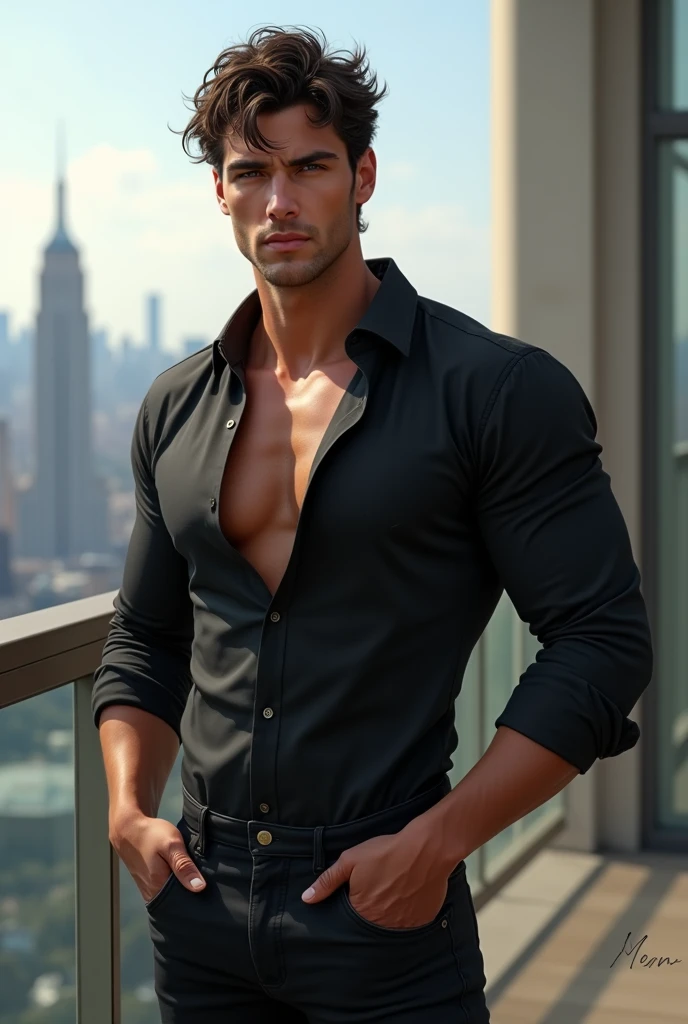 Photorealism, handsome man with strong jawline and perfect nose like a greek god, dark thick touseled hair, stunning and captivating dark bluish gray eyes wearing casual black longsleeve shirt opened button neckline, black sleek pants, natural pose with both hands in pants pockets standing on a balcony of a hotel