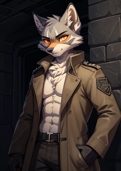 Fox anthro, tail, smile, blank background, by personalami, by tojo the thief, detailed face, detailed eyes, combat ready, brown and white body, full body, muscular thighs, nude (penis, balls, big peniuscular, masculine, green longcoat, tactical gloves, muscular, male, coat only, shotgun, tactical harness, masterpiece, 4k, sharp focus, crisp Giving a thumbs up with your hand
