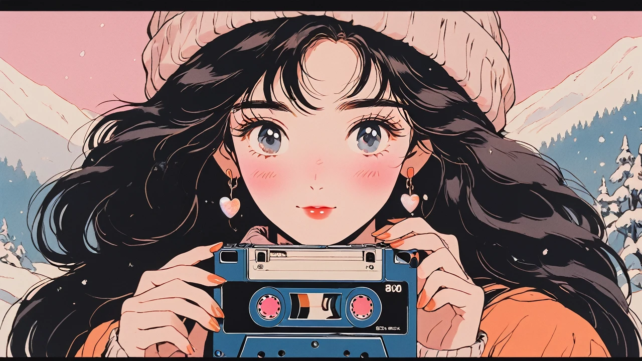 90s anime style, 90s style, Of course, 80s style, (blush:1.7), the highest quality, 8K, 1 woman, Alone, Chica Lofi, Arte Lofi, lo-fi feeling, looking at the viewer, very big eyes, wearing clothes from the 80s, superior shot, close up, smiling, ojos marrones Of courses, Snow white skin, bright eyes, orange hair, long hair,Anime girl holding a cassette tape with her hand, the main focus is on the girl and the cassette tape, solid pink background with no other elements, winter atmosphere, The girl is wearing a scarf around her neck, the girl smiles, snowflakes