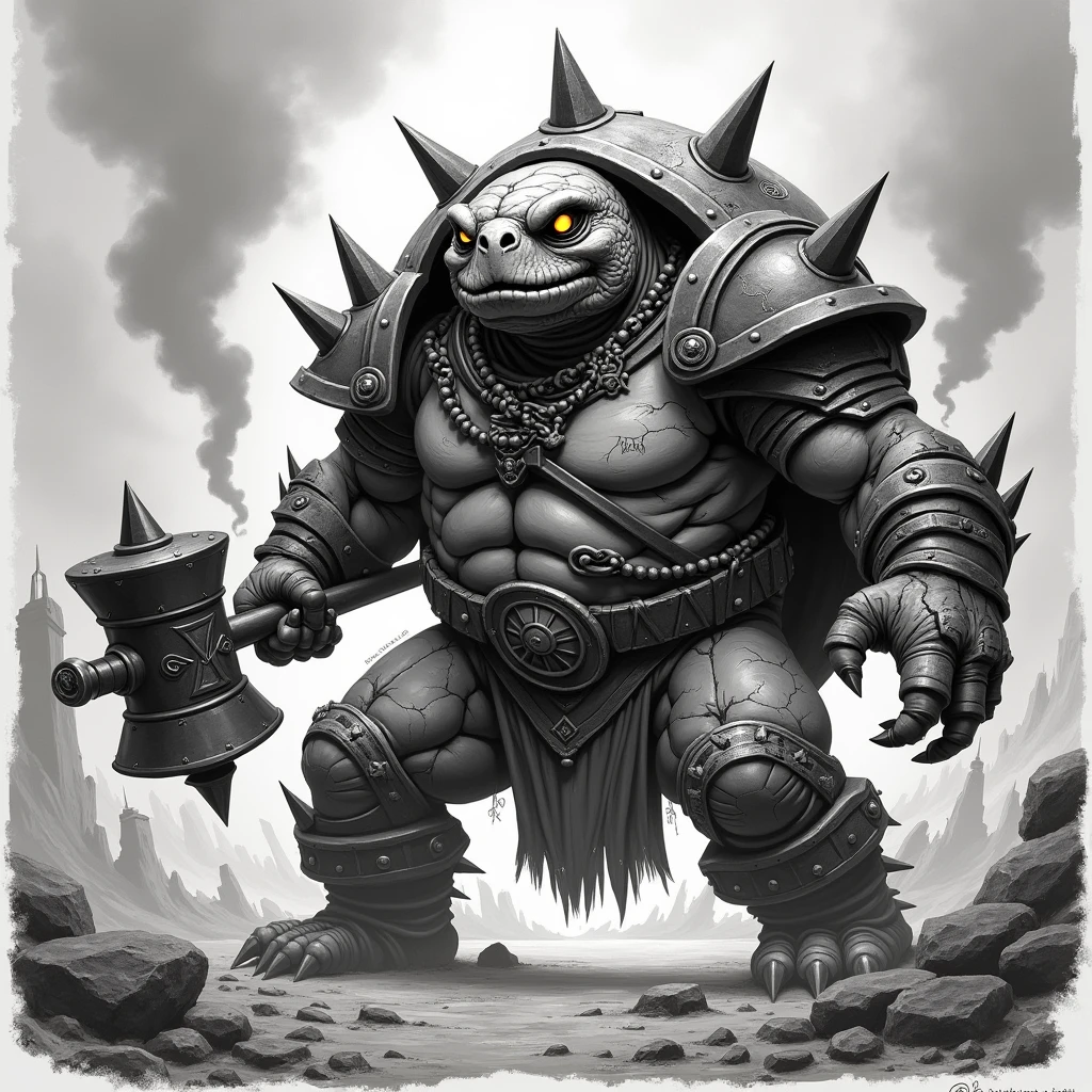 drawing of a fat demon in armor made in pencil in anime style