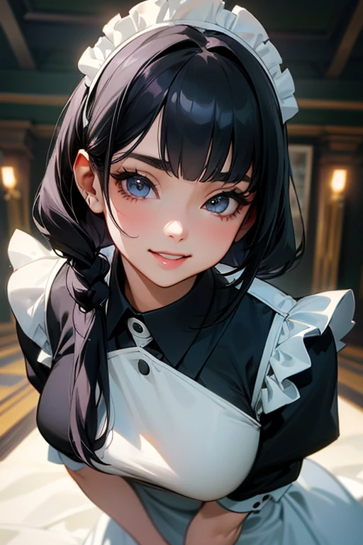 (A photo of upper body), Beautiful face, Highly detailed face and skin texture, (Detailed eyes), Brown eyes, Double eyelids, Thin eyebrows, Glitter eyeliner: 1.2, Natural cheeks, Shiny skin, Fair skin, (((with maid outfit))), (Shiny lips: 1. 4), (Seductive smile), (20 years old), (Wavy hair, Diagonal bangs), ((black and blue hair)), mid hair, ((Upper body shot)), ((Focus on chest and face)), Medium large breasts, Upturned breasts.