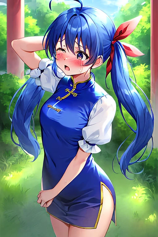 Best Quality,One girl,One person,One personで, Alone, Twin tails, Squint your eyes,, eyes closed, blue eyes, Blue Hair, Puff sleeves ,Shiny clothes, , Place one hand on forehead, hand on own head ,,medium blue clothes, hand on own head, cheongsam long dress, Long Chinese Dress, puffy Short sleeves, Hair Ribbon, slit, Blue clothes, Chinese clothing, Long Hair, ribbon, low Twin tails, Short sleeves, Ahoge, Red ribbon, Wristbands, Frills,Cowboy Shot,Two arms,summer ,Daytime , Abandoned Village ,Outdoor ,ruins ,troubled eyebrows,Open your mouth, Big Breasts, Small waist, Thin legs, Tears running down my cheeks, Empty-handed, blush, Leaning forward,Crying,Sobbing,Crying loudly,Crying,Standing, Sweaty,sweat skin, One girl, Thin eyebrows,, Exposure to strong sunlight, Sparkly costume, Facing diagonally forward,wail, , leaning forward,Open Hand,