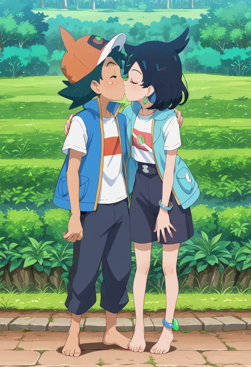 1 boy ash ketchum - pokemon journeys kiss 1 girl chloe cerise (pokemon) barefoot toes sole ankle bangle toes rings slime happy.