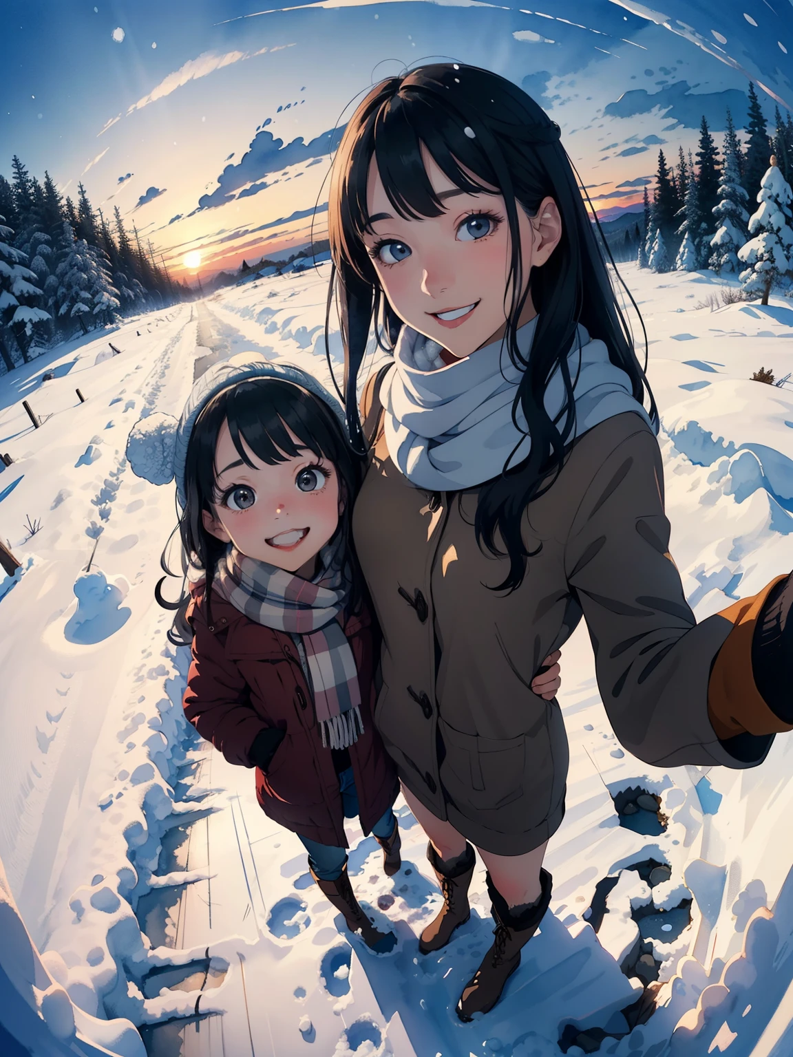 Masterpiece，Best Quality，High image quality，(Superflat, Flat Shading )，Fisheye Lens，Beautiful young mother and her cute daughter，Warm scarf， (naked)，Long Hair, Boots, smile, smile, White Breath，fun, play, winter, snow, dusk，Beautiful sunset，Wide angle, Vibrant colors, watercolor, Ghibli style，Strong winds，Girl&#39;s Temptation，