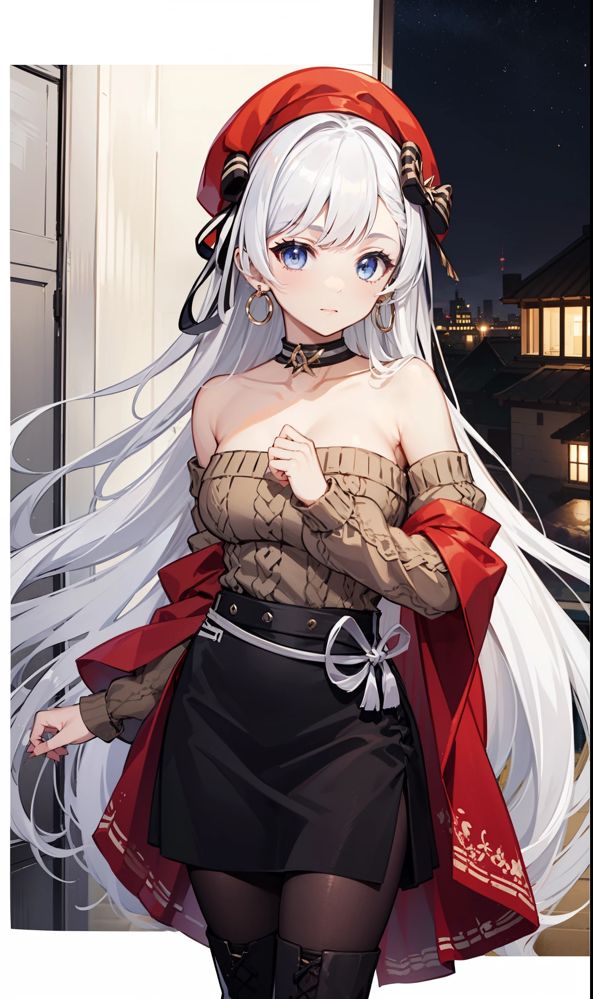 goddess，obsessed，have fun，in love，(White transparent maid uniform，With a long skirt)，Silver Hair，Blue Eyes，Transparent Clothes，Exquisite hair accessories，Transparent lace，Sky blue pattern，night，Dress nicely，bedroom，solitary，night，Engraved suspender boots，Beautiful face，