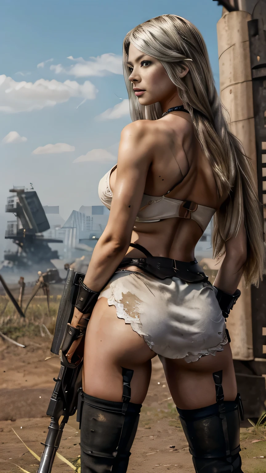 ((Best Quality、8k、masterpiece:1.3)), Upper Body, Long legs, Sharp focus:1.2, Beautiful woman with a perfect figure:1.4, ((Beautiful woman))、((Australian/Japanese mix))、Thin but muscular、Slim Abs:1.1,, ((Big Breasts)), ((big ass))、((Fighting Beauty))., ((Warrior))、((Machine gun))、((Big Weapons、bazooka))、((A2 Costume from Nier Automata))、Enchanting , Wearing a gold necklace、Slim and toned waist, Face the audience:1.2), ((Stylish nails))、Silver super long hair、Highly detailed face and skin texture, fine grain, double eyelid、sexy、((((front))))、((battlefield))、((A ruined world、Dystopia、Dystopia))、