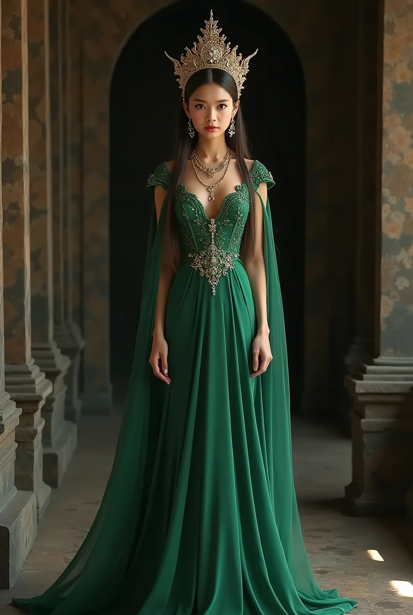 Portrait, Full body, young lady woman, oval face, pale skin, long redhair with very big curls, green emerald eyes, cruled and thick lashes, plumper soft red-rose juicy lips, soft smile, soft blushy cheeks, dressed in a blue-white with gold intrincate details medieval gown with very deep V neckline, very big tear shapped bossoms, slim perfect body, Beautiful hair, Makeup, Octane render, 8k, Beautiful lighting, Golden ratio composition