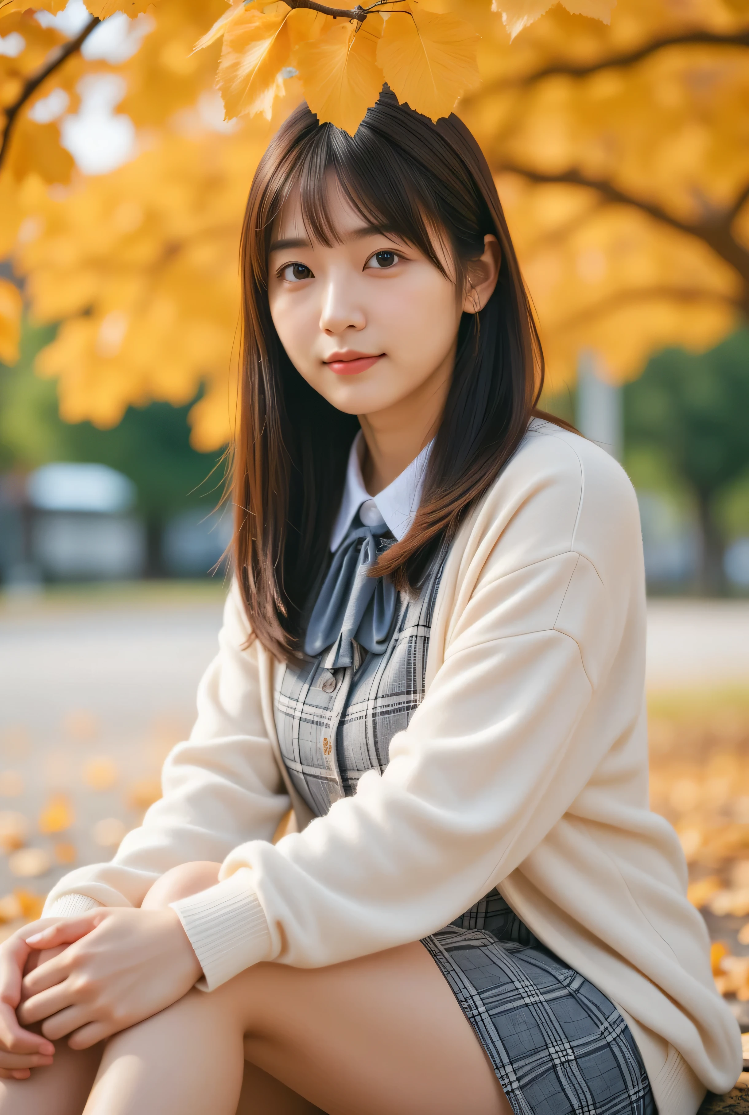(Realistic:1.3, Photo-realistic:1.5, RAW photo, model photo), Magazine cover photo, she is Japanese fresh fashion model, (Her face type resembles Japanese actress Riho Yoshioka (Beautiful, narrow eyes, a straight nose, small lips, and a base-shaped face... a refreshing face with a well-balanced mix of straight lines and curves, Deep eyes):1.3), The perfect figure that everyone aspires to, (small smile:1.1), symmetrical eyes, Light Brown eyes, Double eyelids, Thin eyebrows, Thin lips, Glossy lips, fair skin, Thin legs, Thin feet, (super Detailed skin:1.2), firm skin, (realistic skin:1.2), (super Detailed eyes:1.2),
BREAK
(1 girl:1.3, solo:1.3, 20yo:1.3), ((sfw:2.0, naked body:0.5)), large breasts, (firm breast, nicely shaped breasts), (Layered hairstyle, medium long hair:1.3), side swept bangs,
BREAK
(high-school uniform:1.3), (check pleated miniskirt (color : Gray)):1.2, (white button shirt, cardigan (color : beige)):1.3, (Oversized, long sleeves), school-bag, bare-legs, bare-thighs,
BREAK
((sitting with fashion model pose:1.3)), (Autumn atmosphere:1.3, (In Under the large ginkgo tree in the school's courtyard, which was beautifully colored in Orange):1.2),
(((Upper body shot:1.5))), (looking up at Orange leaf of ginkgo tree:1.5), (Focus on her profile),