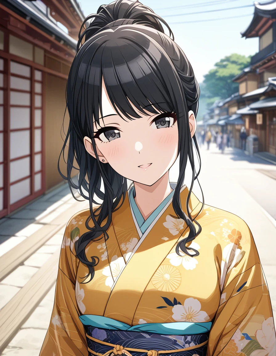 (masterpiece),(Highest quality),(Very detailed),(Best illustrations),(Best Shadow),(disorganized),(Detailed Background),(so beautiful), 
Official Style,

Hiori Kazano, ponytail, black hair, black eyes,
The Idolmaster Shiny Colors,

kimono,
Japan,
Kyoto,
Background Blur, 
focus on face,
Close-up, 