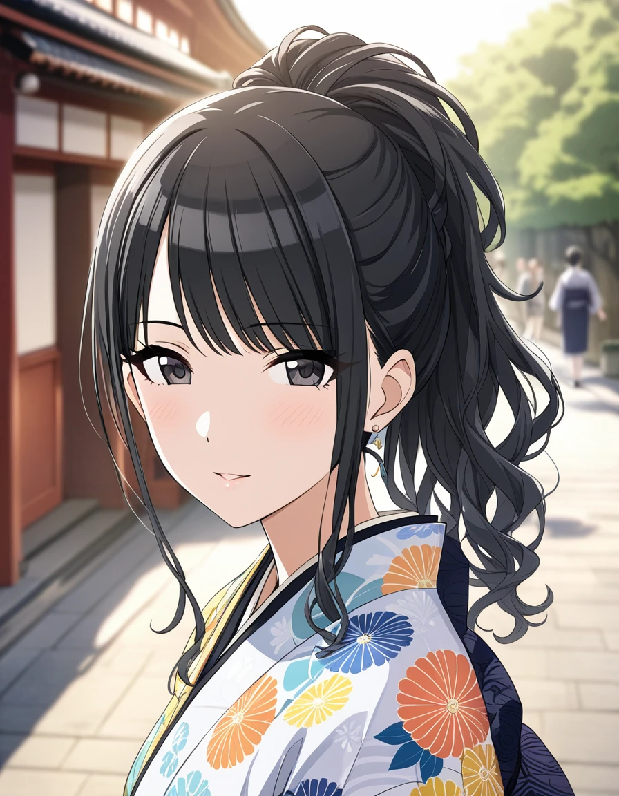 (masterpiece),(Highest quality),(Very detailed),(Best illustrations),(Best Shadow),(disorganized),(Detailed Background),(so beautiful), 
Official Style,

Hiori Kazano, ponytail, black hair, black eyes,
The Idolmaster Shiny Colors,

kimono,
Japan,
Kyoto,
Background Blur, 
focus on face,
Close-up, 