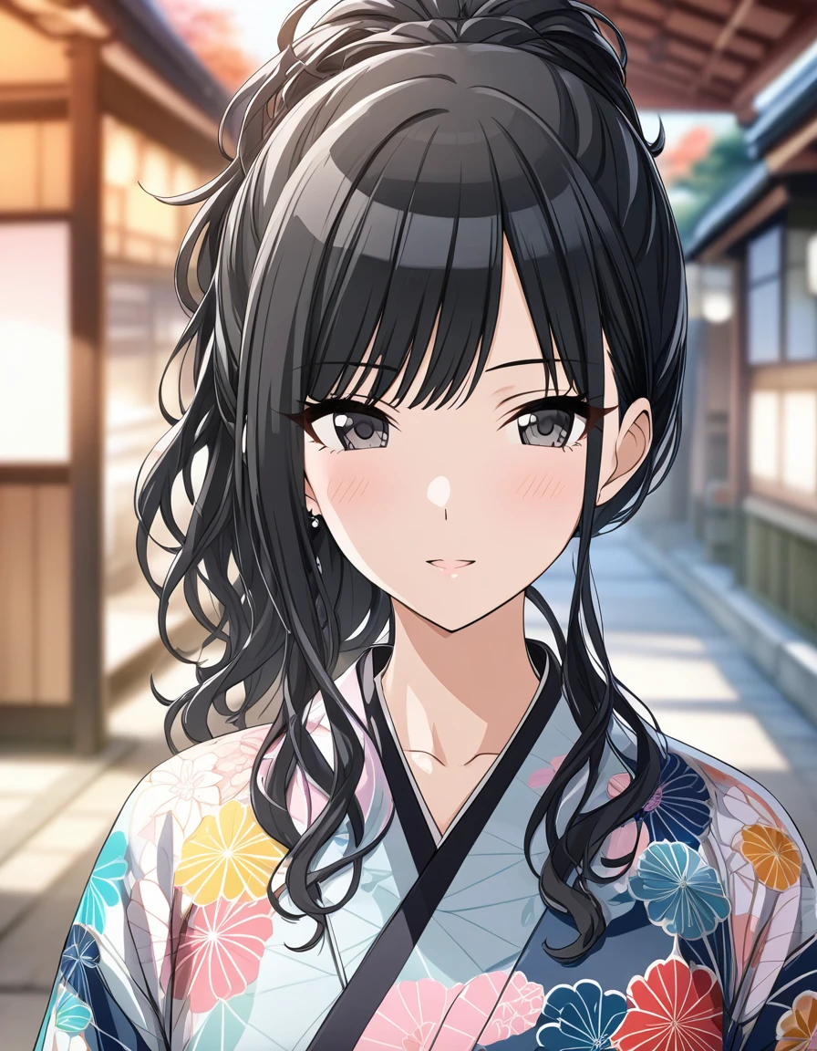 (masterpiece),(Highest quality),(Very detailed),(Best illustrations),(Best Shadow),(disorganized),(Detailed Background),(so beautiful), 
Official Style,

Hiori Kazano, ponytail, black hair, black eyes,
The Idolmaster Shiny Colors,

kimono,
Japan,
Kyoto,
Background Blur, 
focus on face,
Close-up, 