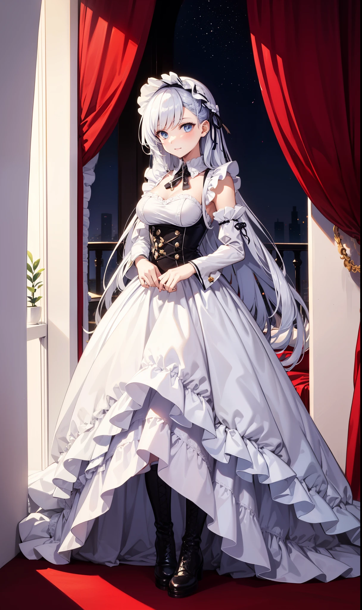 goddess，obsessed，have fun，in love，(White transparent maid uniform，With a long skirt)，Silver Hair，Blue Eyes，Transparent Clothes，Exquisite hair accessories，Transparent lace，Sky blue pattern，night，Dress nicely，bedroom，solitary，night，Engraved suspender boots，Beautiful face