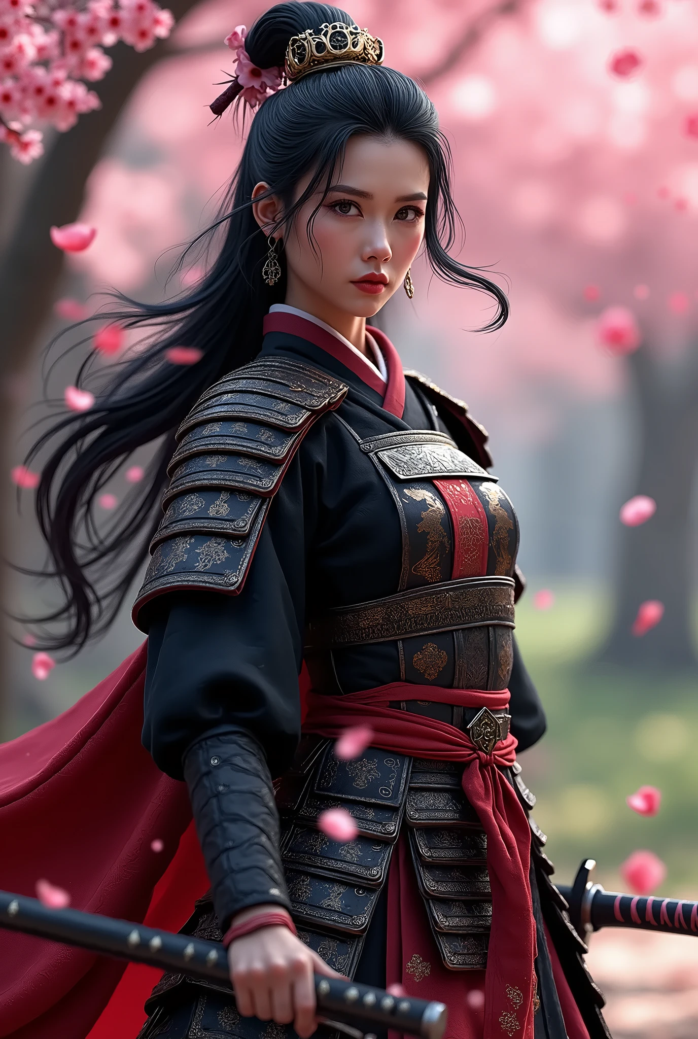 ((8k portrait of beautiful mixed Asian woman, side profile, masterpice, side lighting)), long hair, detailed light samurai armor, (((blood red armor, black interior)), cinematic lighting, cherry blossoms, ashes, melancholy, award-winning photography, Popular on Deviant Art, Best of ArtStation, by WLOP, outdoor, oriental lighting in fighting position