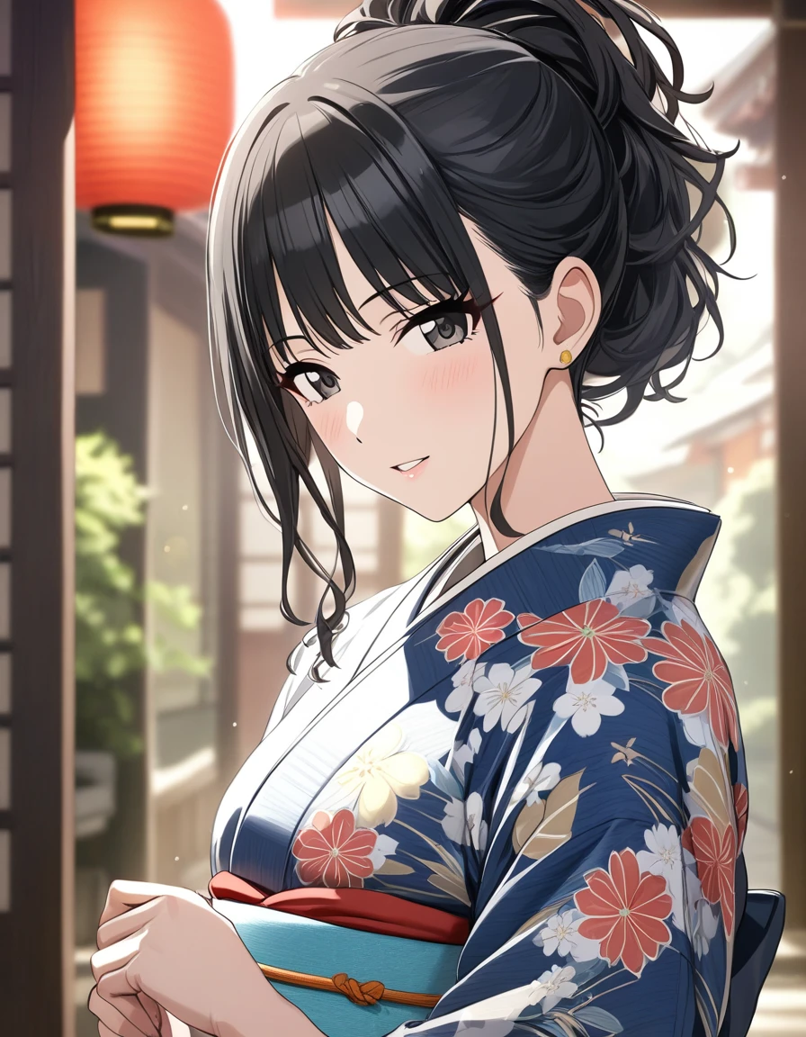 (masterpiece),(Highest quality),(Very detailed),(Best illustrations),(Best Shadow),(disorganized),(Detailed Background),(so beautiful), 
Official Style,

Hiori Kazano, ponytail, black hair, black eyes,
The Idolmaster Shiny Colors,

kimono,
Japan,
Kyoto,
Background Blur, 
focus on face,
Close-up, 
realistic skin,