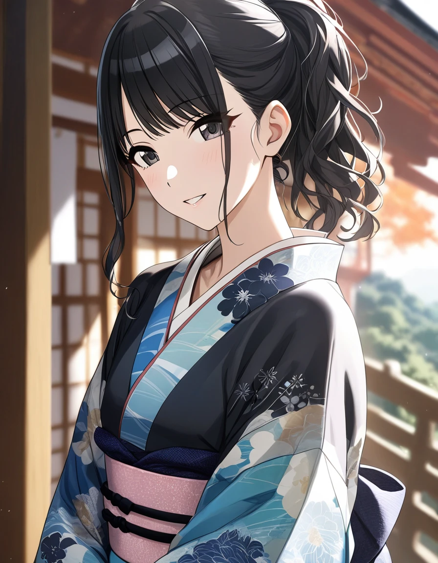 (masterpiece),(Highest quality),(Very detailed),(Best illustrations),(Best Shadow),(disorganized),(Detailed Background),(so beautiful), 
Official Style,

Hiori Kazano, ponytail, black hair, black eyes,
The Idolmaster Shiny Colors,

kimono,
Japan,
Kyoto,
Background Blur, 
focus on face,
Close-up, 
realistic skin,