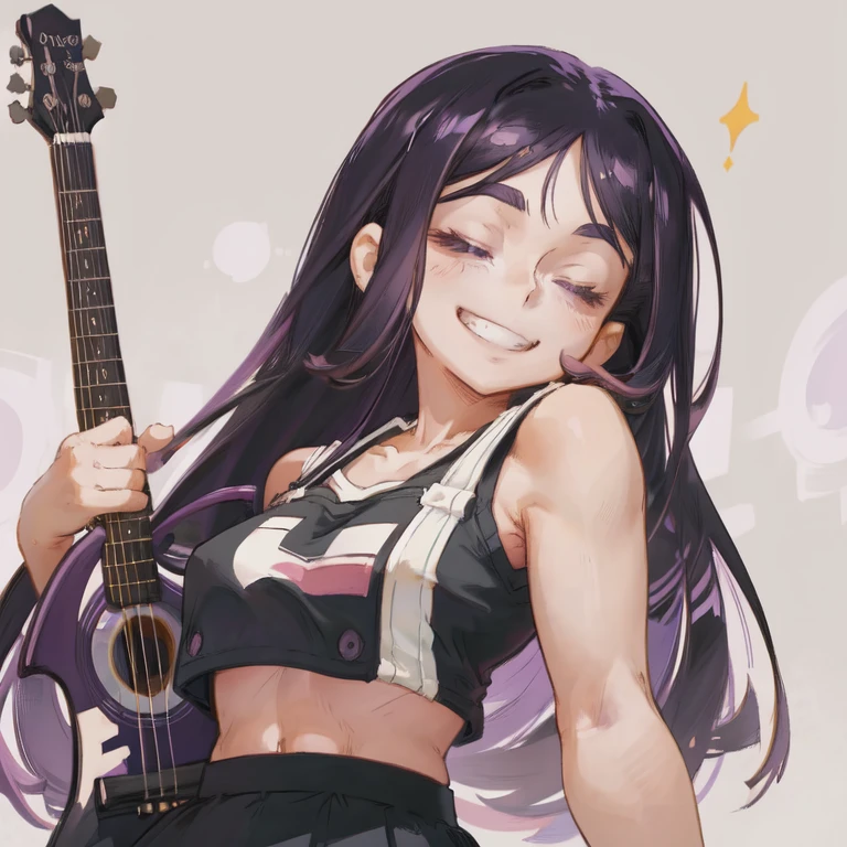 1 schoolgirl with a cute face, cheerful, ((grinning)), closed eyes, holding a guitar, long violet hair, violet eyes, medium breasts , black crop top, black skirt, (in a studio), (half-length portrait), masterpiece, (high definition), smooth and clean, ((anime)), (My Hero Academia artsyle)