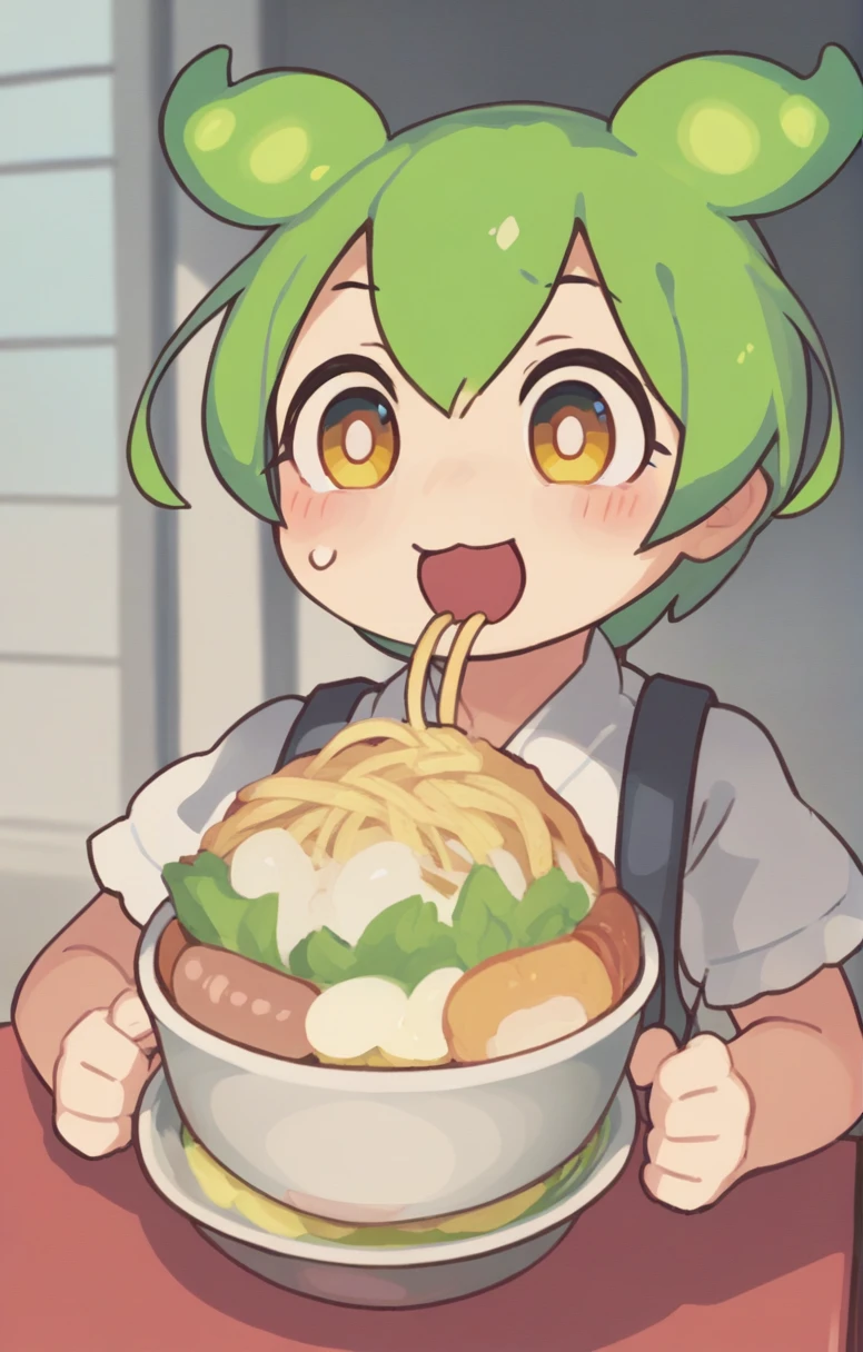 A cute zundamon is eating Ramen Jiro at the counter inside a ramen shop.,(In town:1.0), (Ramen Jiro:1.0), (zundamon:1.0), (Children:1.1),Cute World,  Bright colors, anime, animeーション, comics, Fancy, 2D, Visual novel, Manga, comics、Zundamon、Laughing very much、Ramen Jiro with lots of bean sprouts、Very cute zundamon、There are many people inside the ramen shop.、Zundamon is sitting at the counter eating ramen、Green Hair