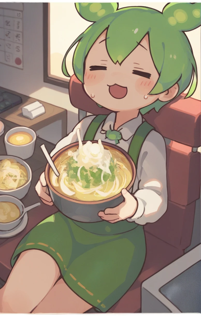 A cute zundamon is eating Ramen Jiro at the counter inside a ramen shop.,(In town:1.0), (Ramen Jiro:1.0), (zundamon:1.0), (Children:1.1),Cute World,  Bright colors, anime, animeーション, comics, Fancy, 2D, Visual novel, Manga, comics、Zundamon、Laughing very much、Ramen Jiro with lots of bean sprouts、Very cute zundamon、There are many people inside the ramen shop.、Zundamon is sitting at the counter eating ramen、Green Hair