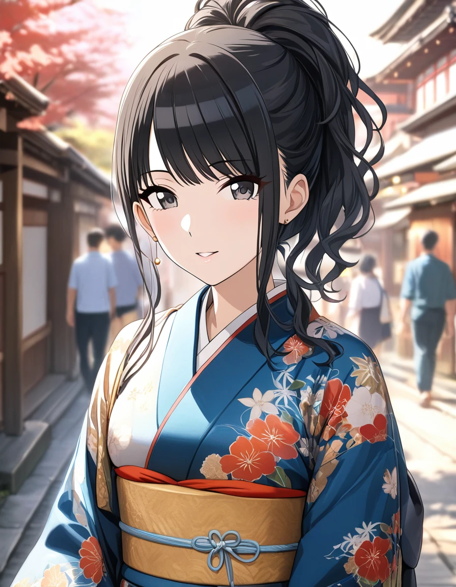 (masterpiece),(Highest quality),(Very detailed),(Best illustrations),(Best Shadow),(disorganized),(Detailed Background),(so beautiful), 
Official Style,

Hiori Kazano, ponytail, black hair, black eyes,
The Idolmaster Shiny Colors,

kimono,
Japan,
Kyoto,
Background Blur, 
focus on face,
Close-up, 
realistic skin,