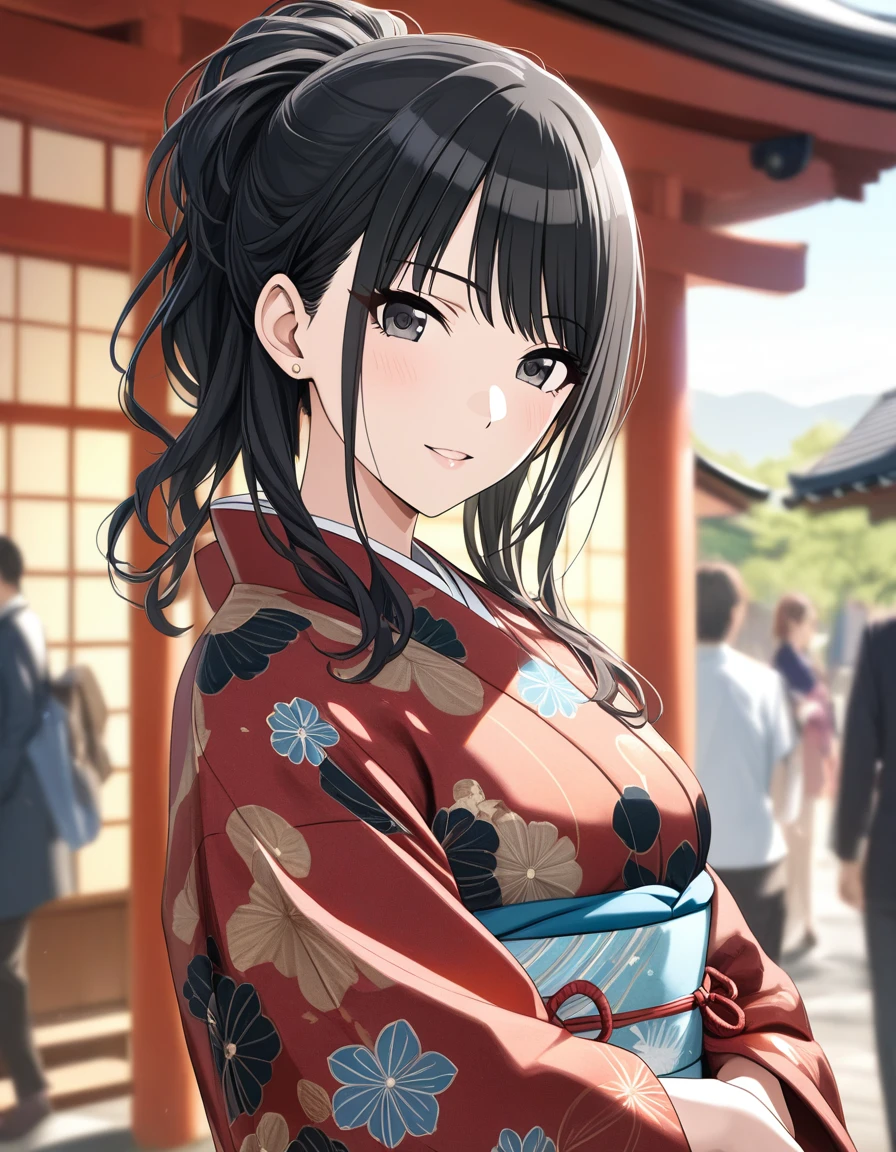 (masterpiece),(Highest quality),(Very detailed),(Best illustrations),(Best Shadow),(disorganized),(Detailed Background),(so beautiful), 
Official Style,

Hiori Kazano, ponytail, black hair, black eyes,
The Idolmaster Shiny Colors,

kimono,
Japan,
Kyoto,
Background Blur, 
focus on face,
Close-up, 
realistic skin,