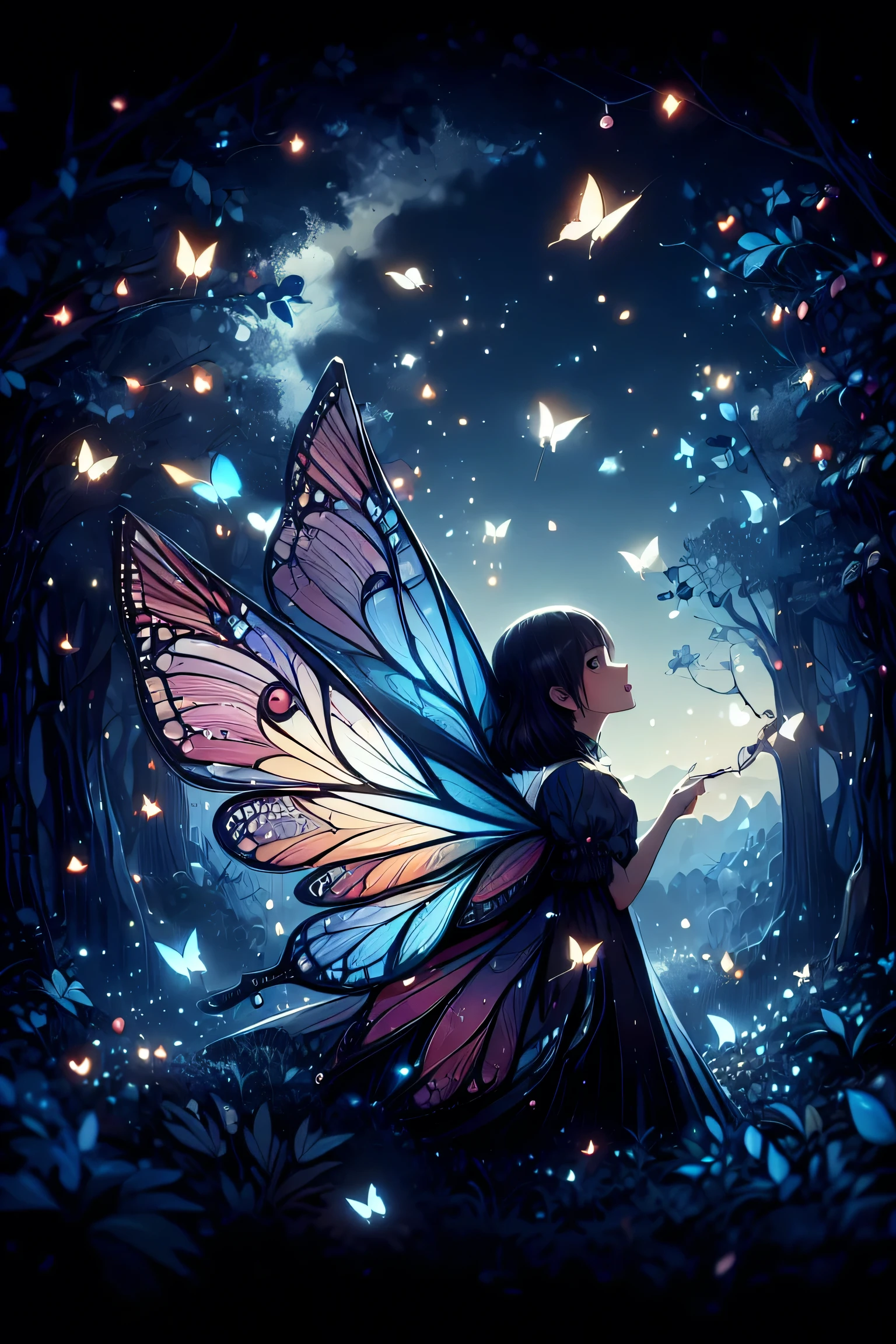 cinematic, fairy, girl, butterfly, forest, night, fantasy art, 8k, detailed, masterpiece, detailed background, detailed effect, ash blossom, pretty girl, white girl, beautiful girl, ((fairy girl)), full body, black hair, blue eyes, ((leaf dress)), ash light, night sky, star