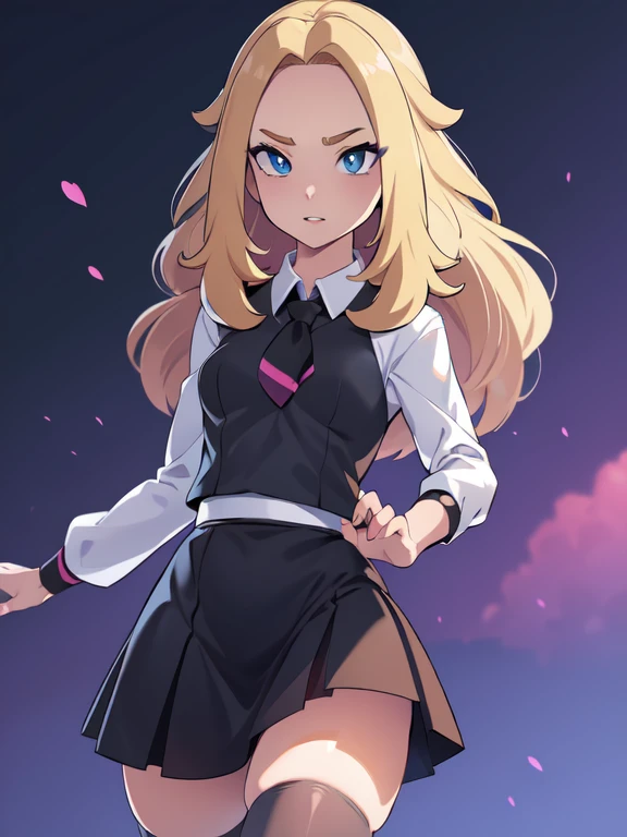 (masterpiece:1.2), best quality, high resolution, unity 8k wallpaper, (illustration:0.8), (beautiful detailed eyes:1.6), extremely detailed face, perfect lighting, extremely detailed CG, (perfect hands, perfect anatomy), a Lass from Pokemon Sword and Shield, blonde hair, blue eyes, (Wearing: Magenta school uniform, white undershirt, short black skirt, black tights and black shoes)
