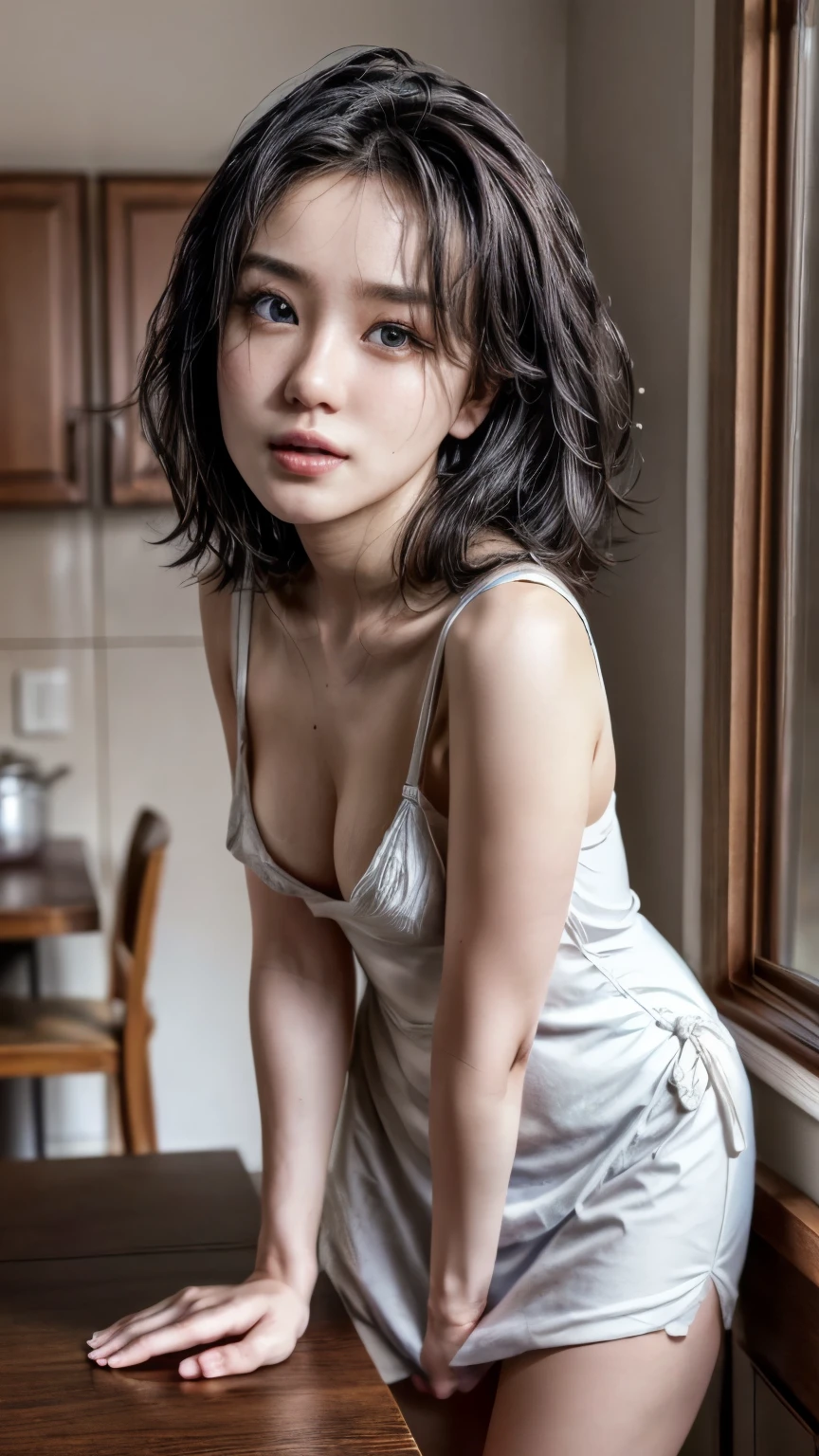 (realistic, photorealistic), (masterpiece, best quality), high resolution, intricate details, extremely detailed, perfect lighting, cinematic lighting,
1girl, a Japanese actress, looking at viewer,
dark hair, short hair, bangs, (tiny breasts:1.2), thin body, slim body, pale skin, (detailed face, detailed eyes, beautiful pupils, sophisticated nose), (perfect anatomy, perfect hands),
(cami minidress, thighs:1.2),
(standing with leaning forward at the kitchen table, pressing crotch hard against the corner of the table top, table humping, crotch rub, view from below:1.4), (lewdlook), photo background, indoors, home, kitchen, beautiful scenery,