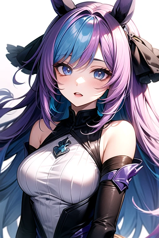 (best quality, sketch:1.2),realistic,illustrator,anime,1 girl, detailed lips,custom, bad women, details, neon blue gradient background, purple hair,textured cropping, masterpiece, style retro classic, 