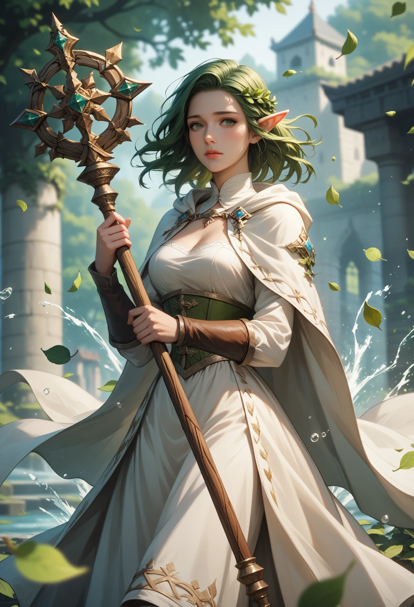 score_9, score_8_up, score_7_up, (masterpiece, UHD, 8K, 16K, ultra detailed), sfw, 1female, elf, (shy, clumsy), green eyes, green hair, holding a wooden staff, white dress, white cloak, intricate details, (murmuring leaves), (wind:1.2), (medieval fantasy), (RPG, healer class), runic temple background, ivy covering buildings, (splash art), amazing character desing, (depth of field), bokeh, diffused light, dramatic ambient 