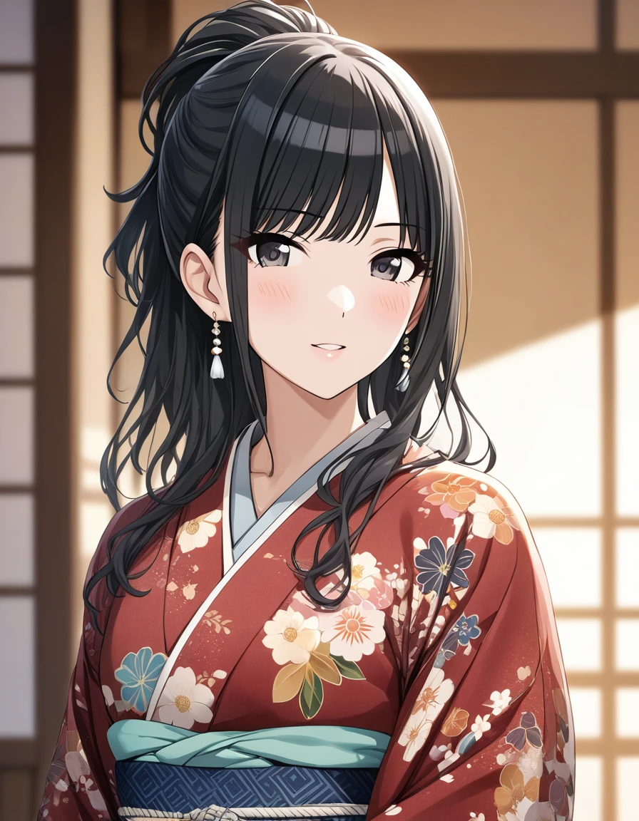 (masterpiece),(Highest quality),(Very detailed),(Best illustrations),(Best Shadow),(disorganized),(Detailed Background),(so beautiful), 
Official Style,

Hiori Kazano, ponytail, black hair, black eyes,
The Idolmaster Shiny Colors,

kimono,
Japan,
Kyoto,
blush,
Background Blur, 
focus on face,
Close-up, 
realistic skin,